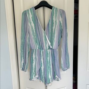 Sage Long Sleeve Romper in Green and Blue